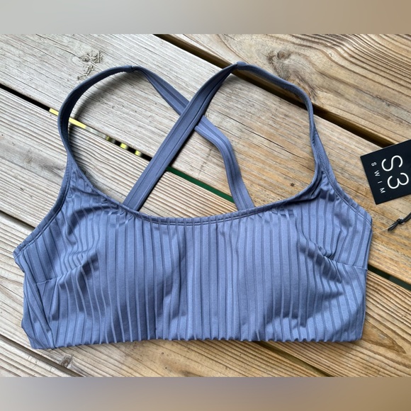 S3 Swimwear extra large Blue Ribbed Scoop Neck criss cross bikini top - Picture 2 of 5